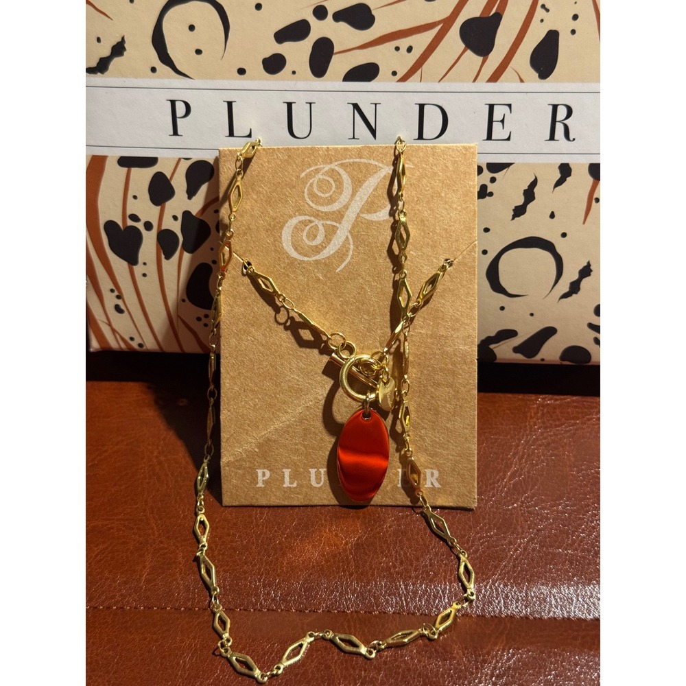 Plunder Design Gold Tone Necklace Red Oval Pendant Toggle Clasp Fashion Jewelry